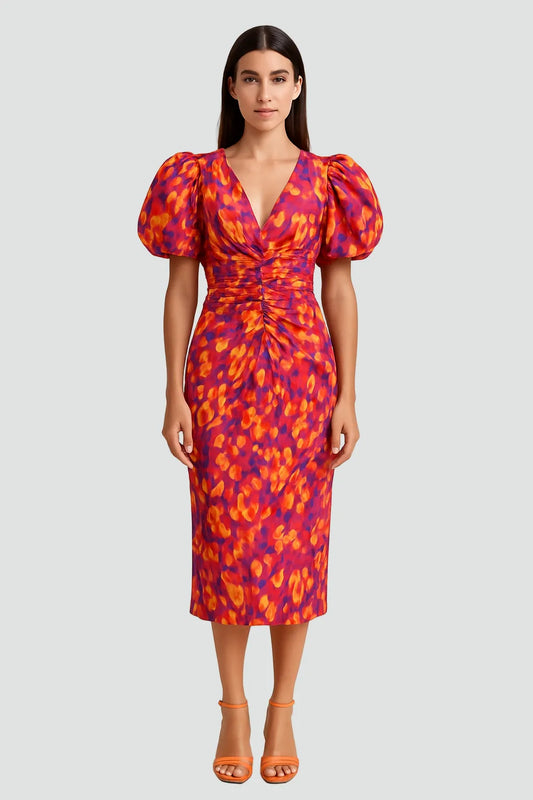 Vestido de Invitada de Boda Midi Estampado Elegante con Manga Abullonada