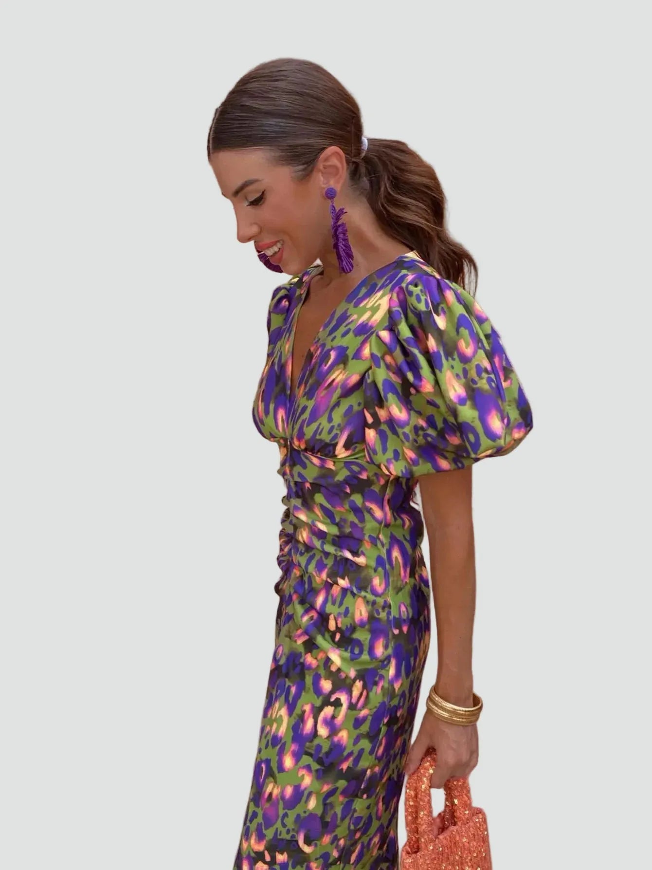 Vestido de Invitada de Boda Midi Estampado Elegante con Manga Abullonada