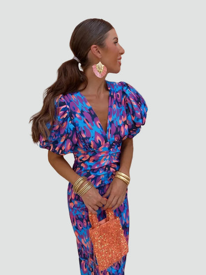 Vestido de Invitada de Boda Midi Estampado Elegante con Manga Abullonada