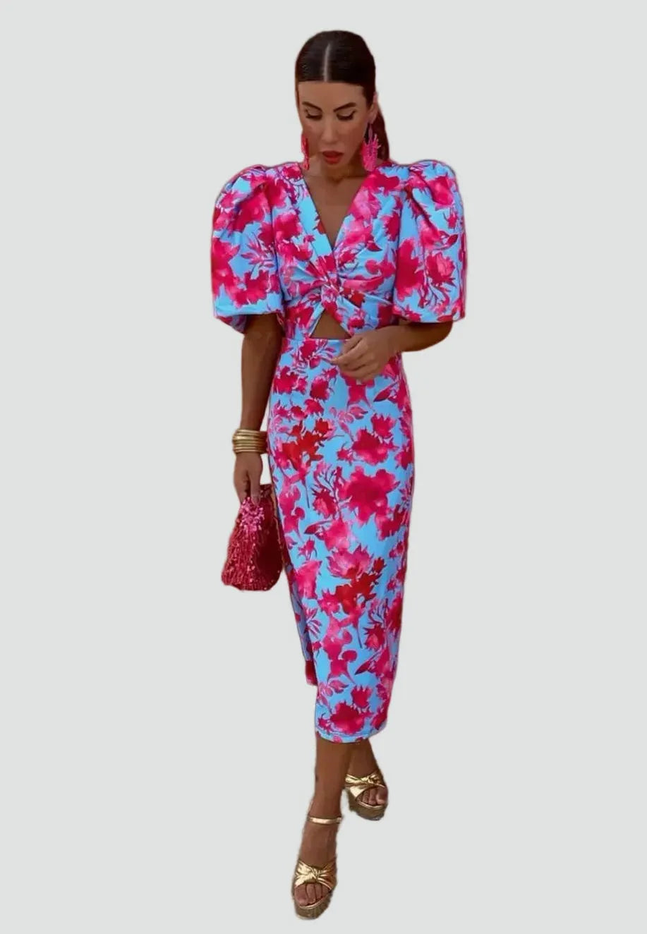 Vestido de Invitada de Boda Midi Estampado Elegante con Manga Abullonada
