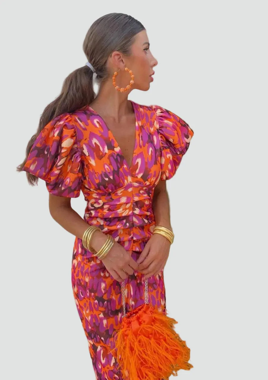 Vestido de Invitada de Boda Midi Estampado Elegante con Manga Abullonada