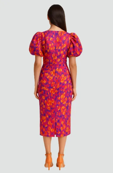 Vestido de Invitada de Boda Midi Estampado Elegante con Manga Abullonada