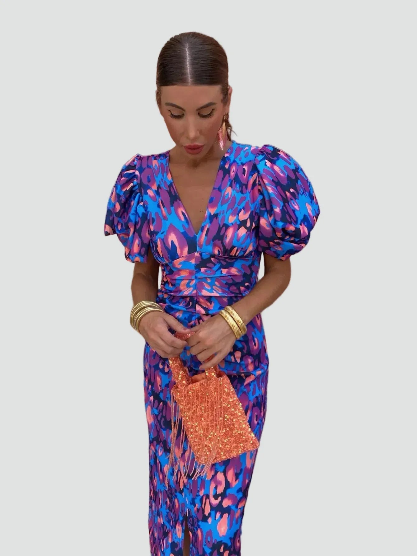 Vestido de Invitada de Boda Midi Estampado Elegante con Manga Abullonada