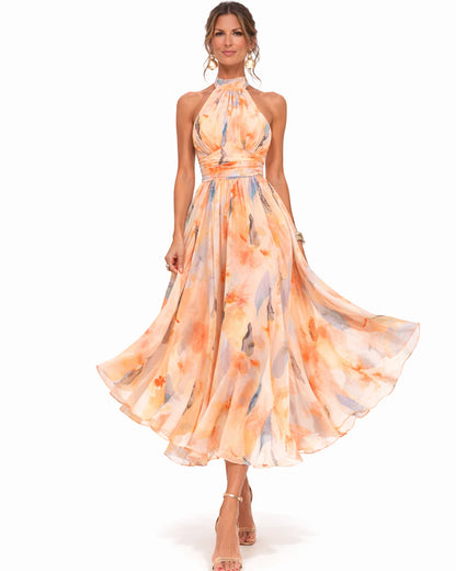 Vestido de Invitada de Boda Midi Estampado Floral con Cuello Halter