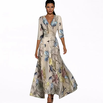Vestido de Invitada de Boda Largo Estampado Elegante con Manga Larga