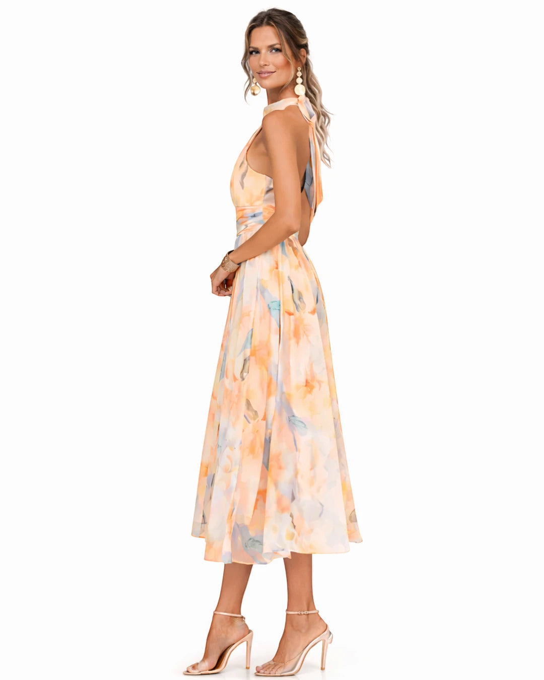 Vestido de Invitada de Boda Midi Estampado Floral con Cuello Halter