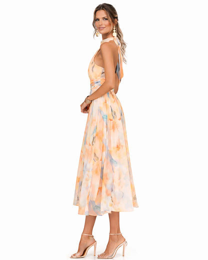 Vestido de Invitada de Boda Midi Estampado Floral con Cuello Halter