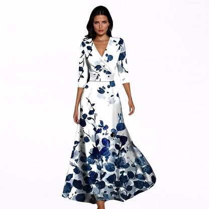 Vestido de Invitada de Boda Largo Estampado Elegante con Manga Larga