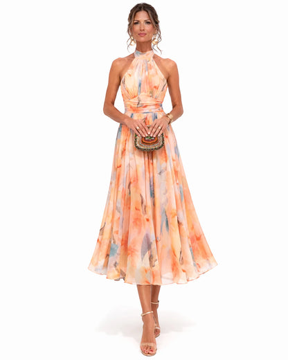 Vestido de Invitada de Boda Midi Estampado Floral con Cuello Halter