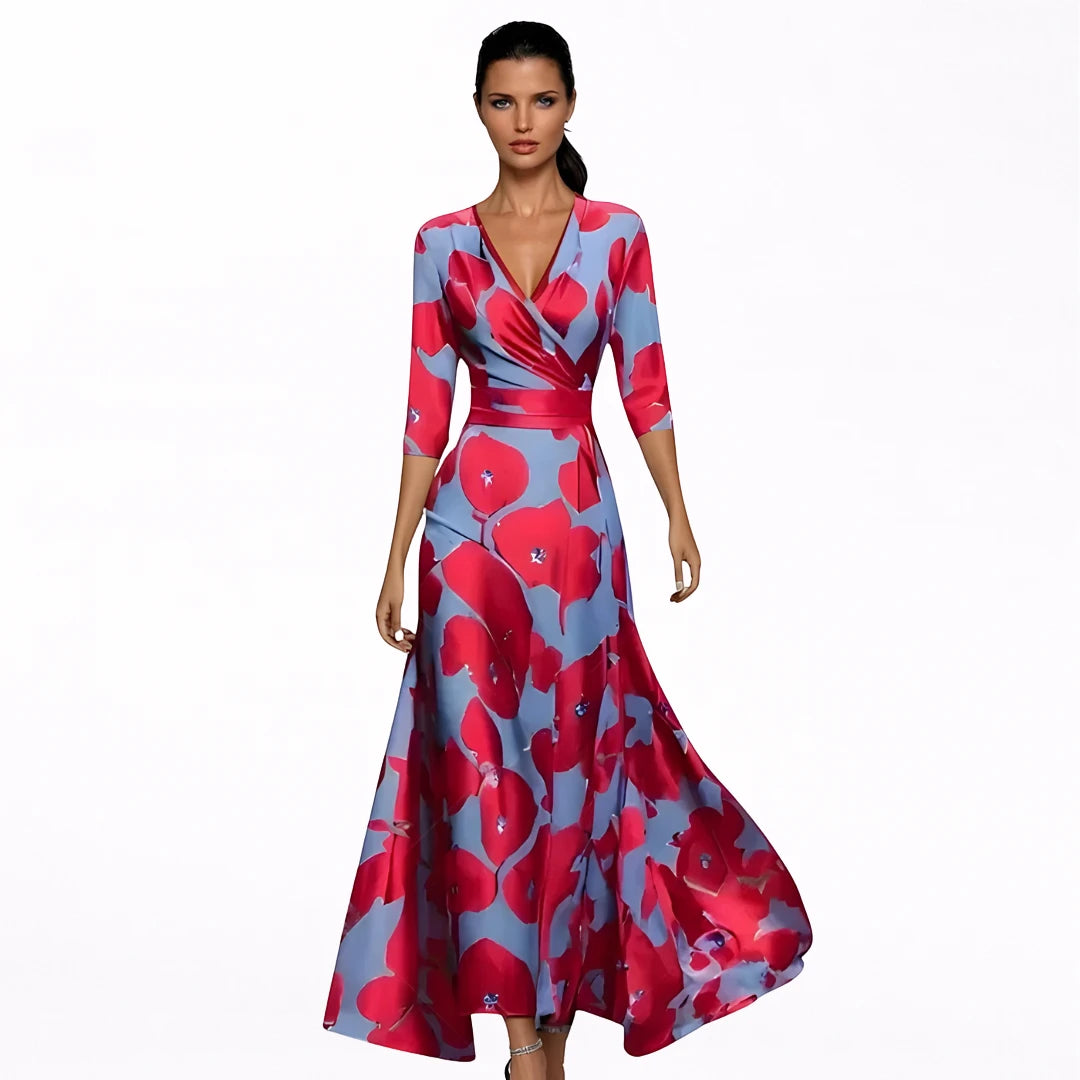 Vestido de Invitada de Boda Largo Estampado Elegante con Manga Larga