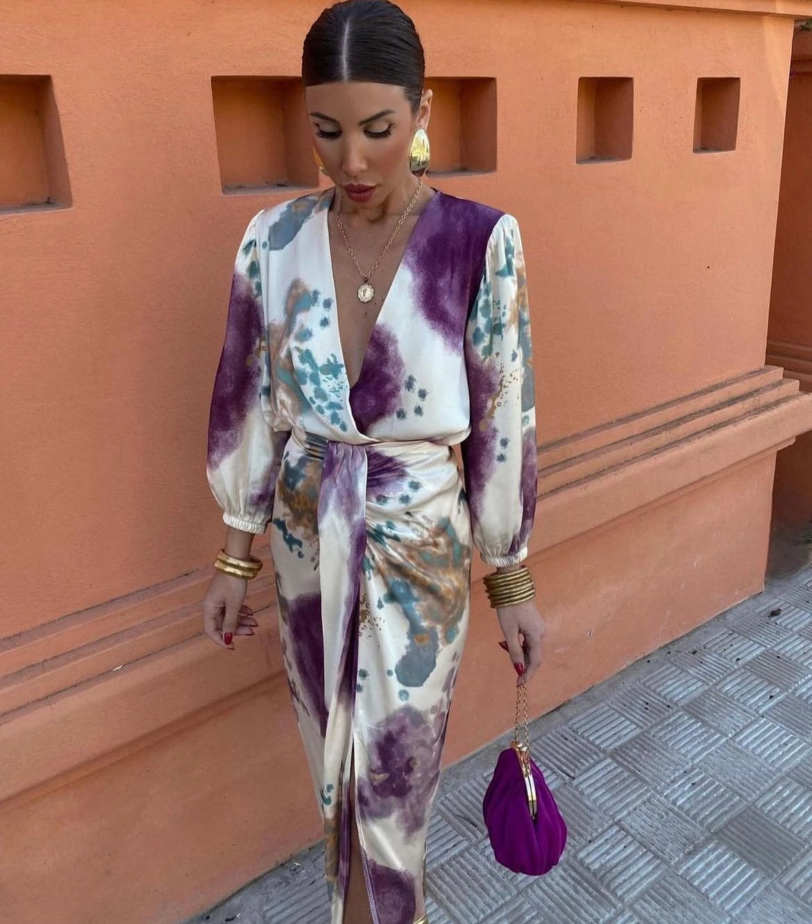 Vestido de Invitada de Boda Midi Estampado con Manga Larga