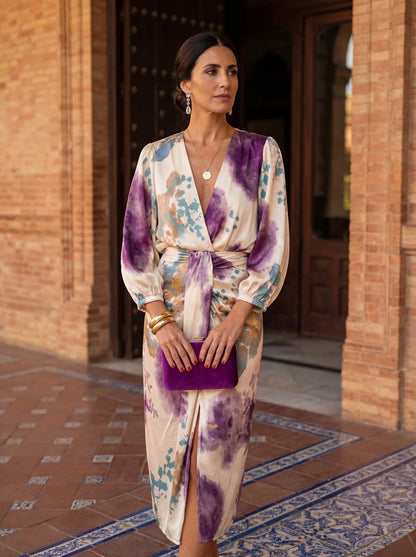 Vestido de Invitada de Boda Midi Estampado con Manga Larga