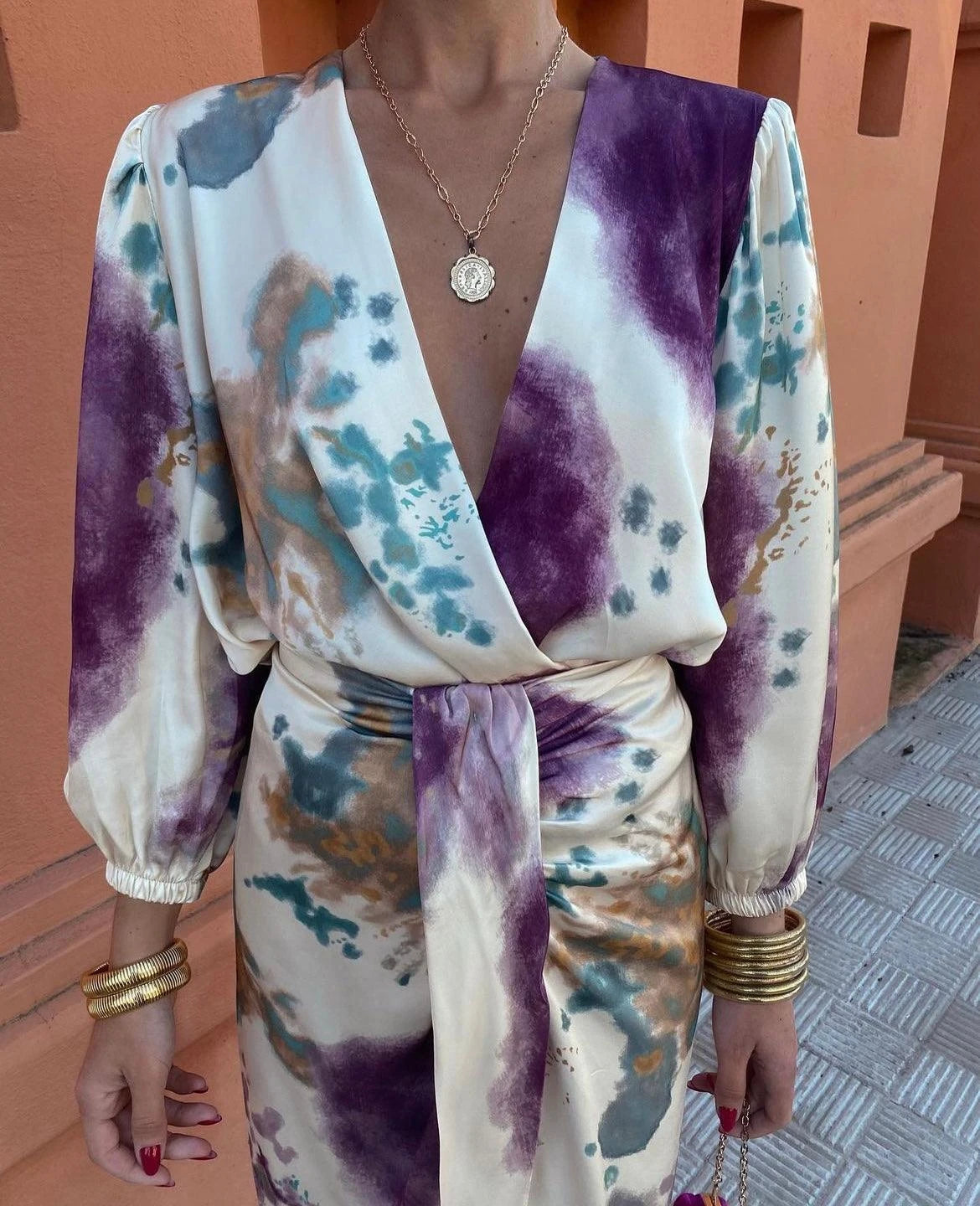 Vestido de Invitada de Boda Midi Estampado con Nudo y Manga Larga