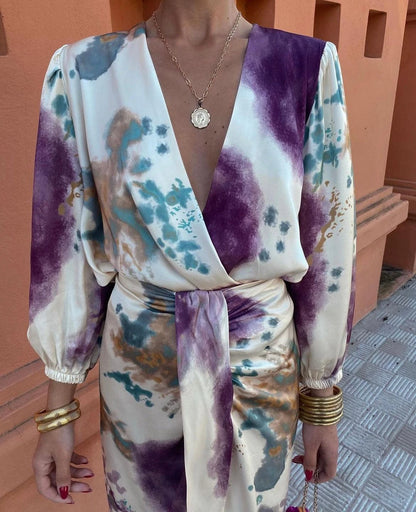 Vestido de Invitada de Boda Midi Estampado con Nudo y Manga Larga