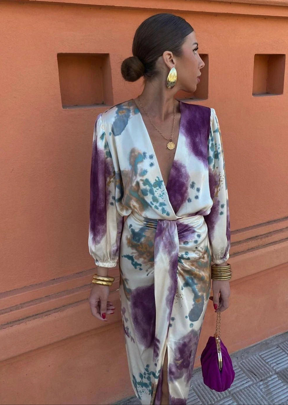 Vestido de Invitada de Boda Midi Estampado con Nudo y Manga Larga