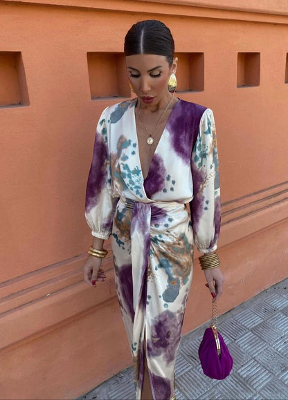 Vestido de Invitada de Boda Midi Estampado con Nudo y Manga Larga