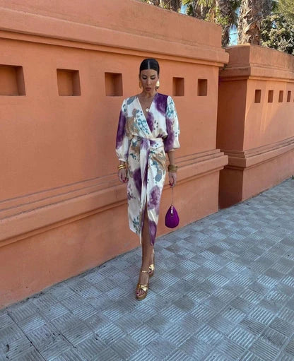 Vestido de Invitada de Boda Midi Estampado con Nudo y Manga Larga