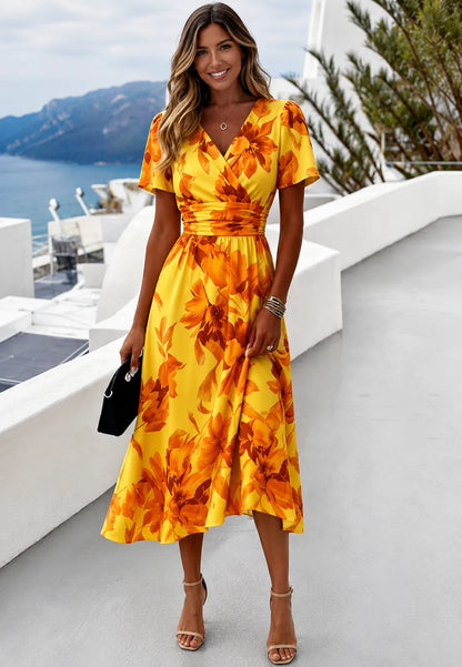 Vestido de Invitada de Boda Midi Floral Elegante con Escote en V
