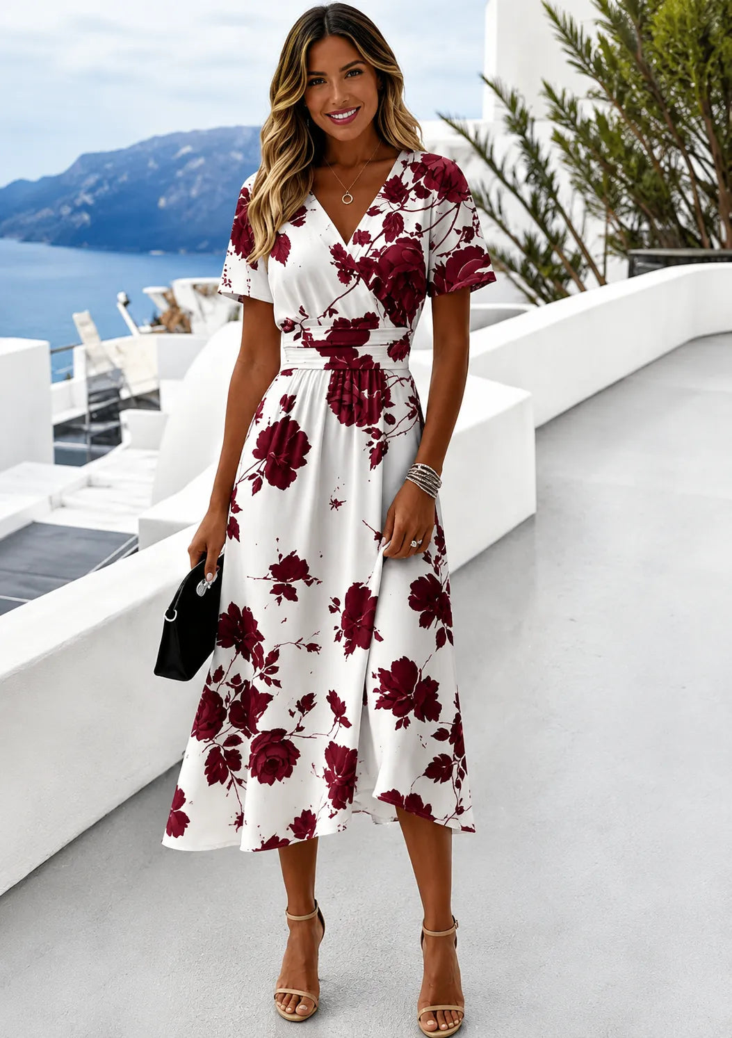 Vestido de Invitada de Boda Midi Floral Elegante con Escote en V