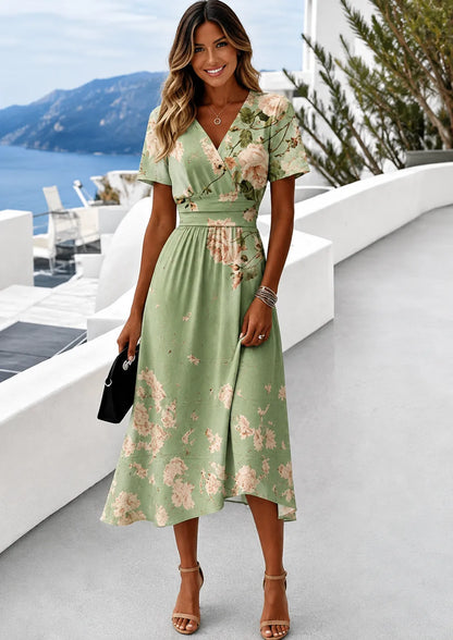 Vestido de Invitada de Boda Midi Floral Elegante con Escote en V
