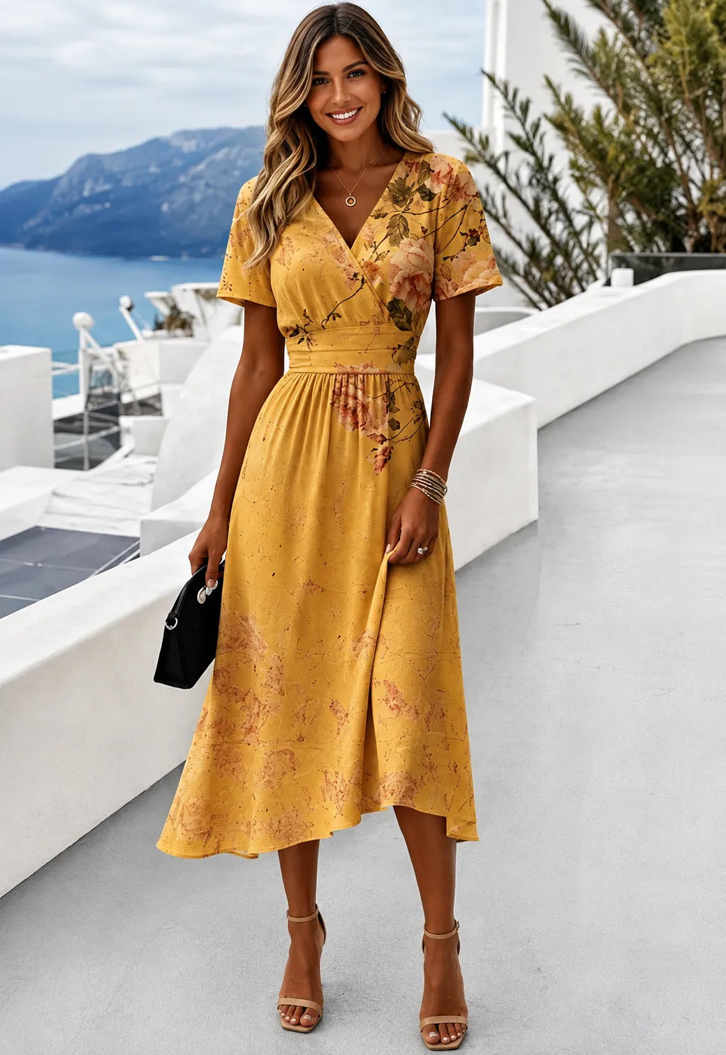 Vestido de Invitada de Boda Midi Floral Elegante con Escote en V