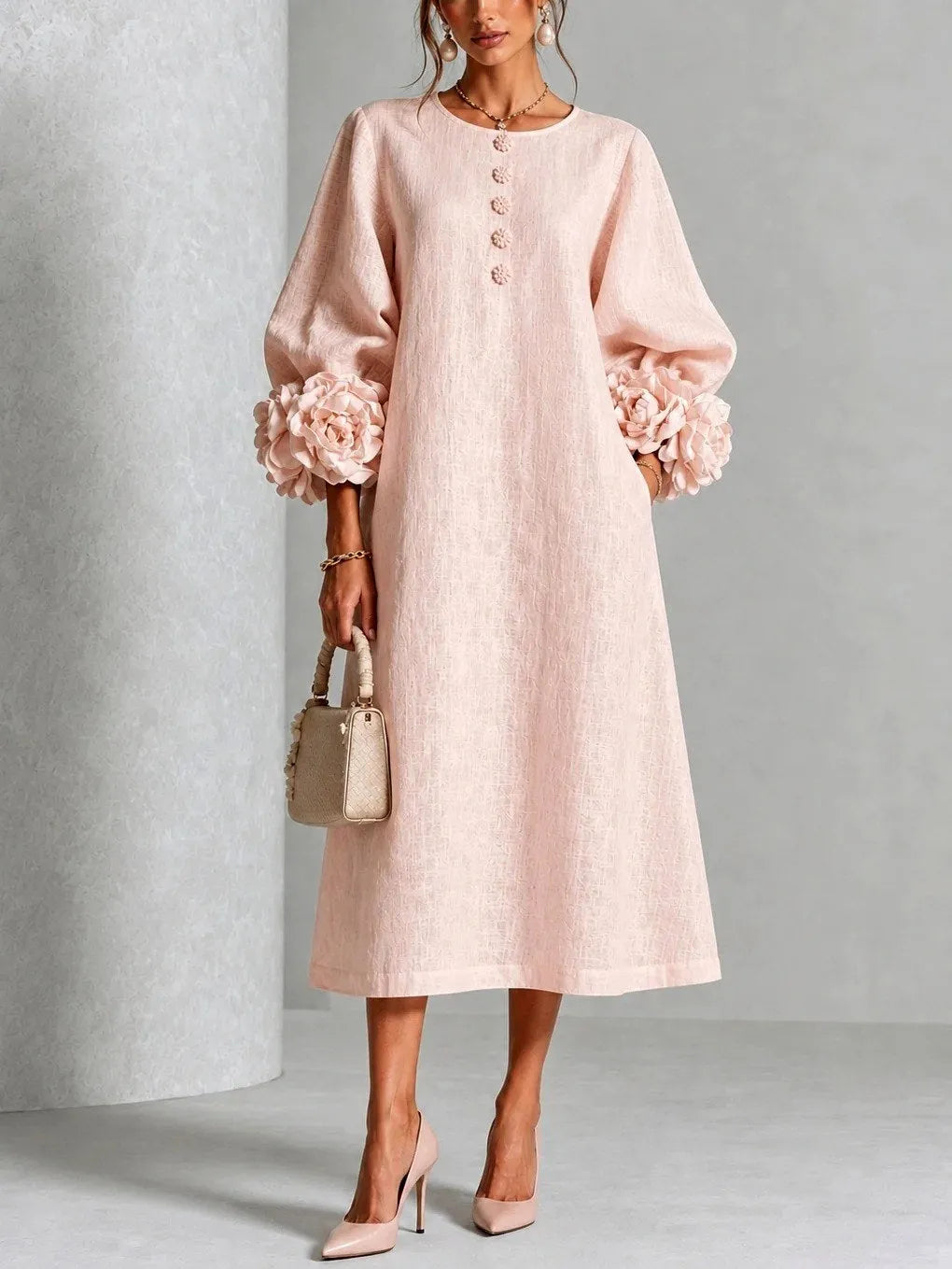 Vestido de Invitada de Boda Midi Floral Elegante con Manga Larga