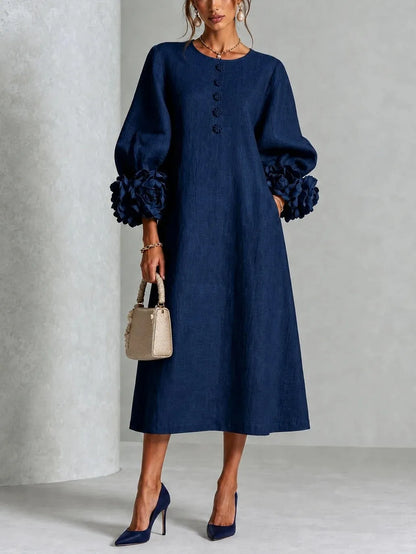 Vestido de Invitada de Boda Midi Floral Elegante con Manga Larga