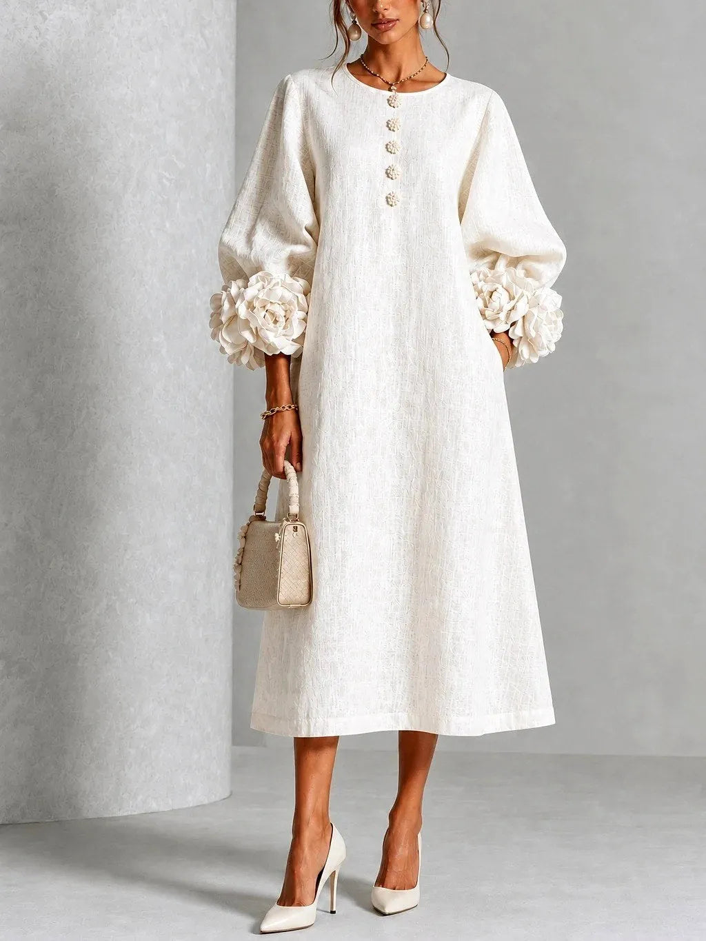Vestido de Invitada de Boda Midi Floral Elegante con Manga Larga