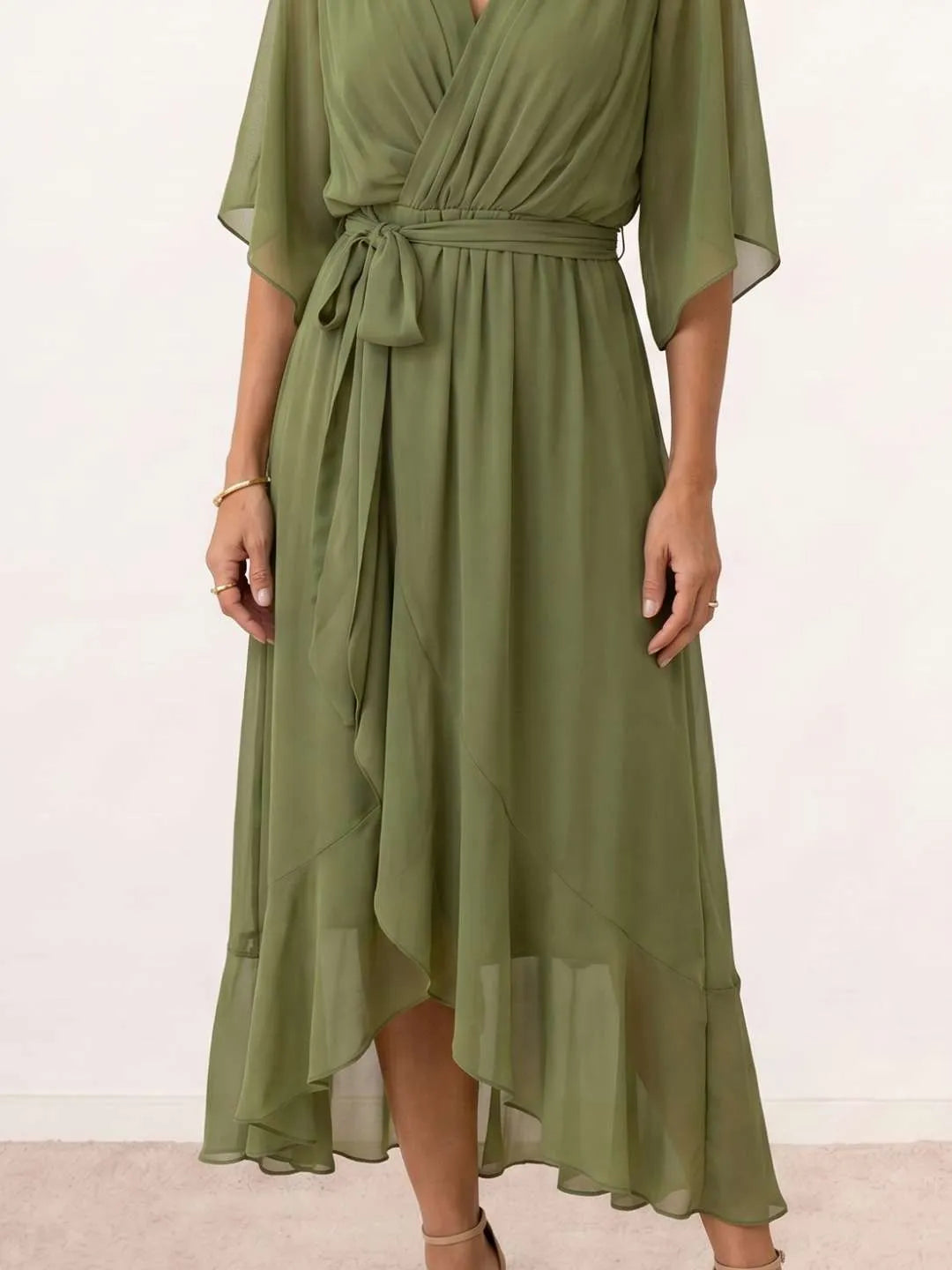 Vestido de Invitada de Boda Midi Fluido Elegante con Escote en V