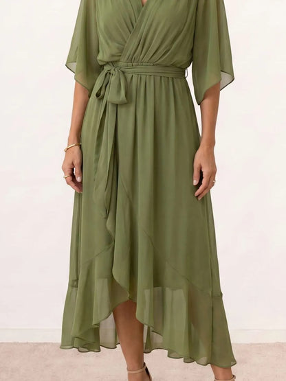 Vestido de Invitada de Boda Midi Fluido Elegante con Escote en V