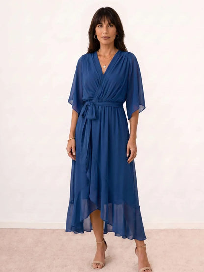 Vestido de Invitada de Boda Midi Fluido Elegante con Escote en V