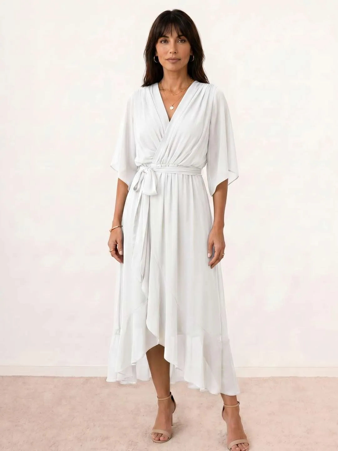 Vestido de Invitada de Boda Midi Fluido Elegante con Escote en V