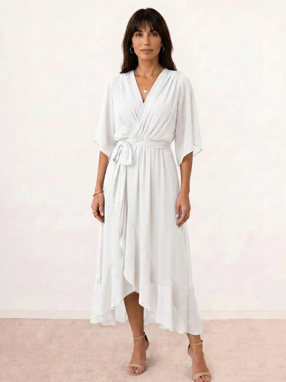 Vestido de Invitada de Boda Midi Fluido Elegante con Escote en V