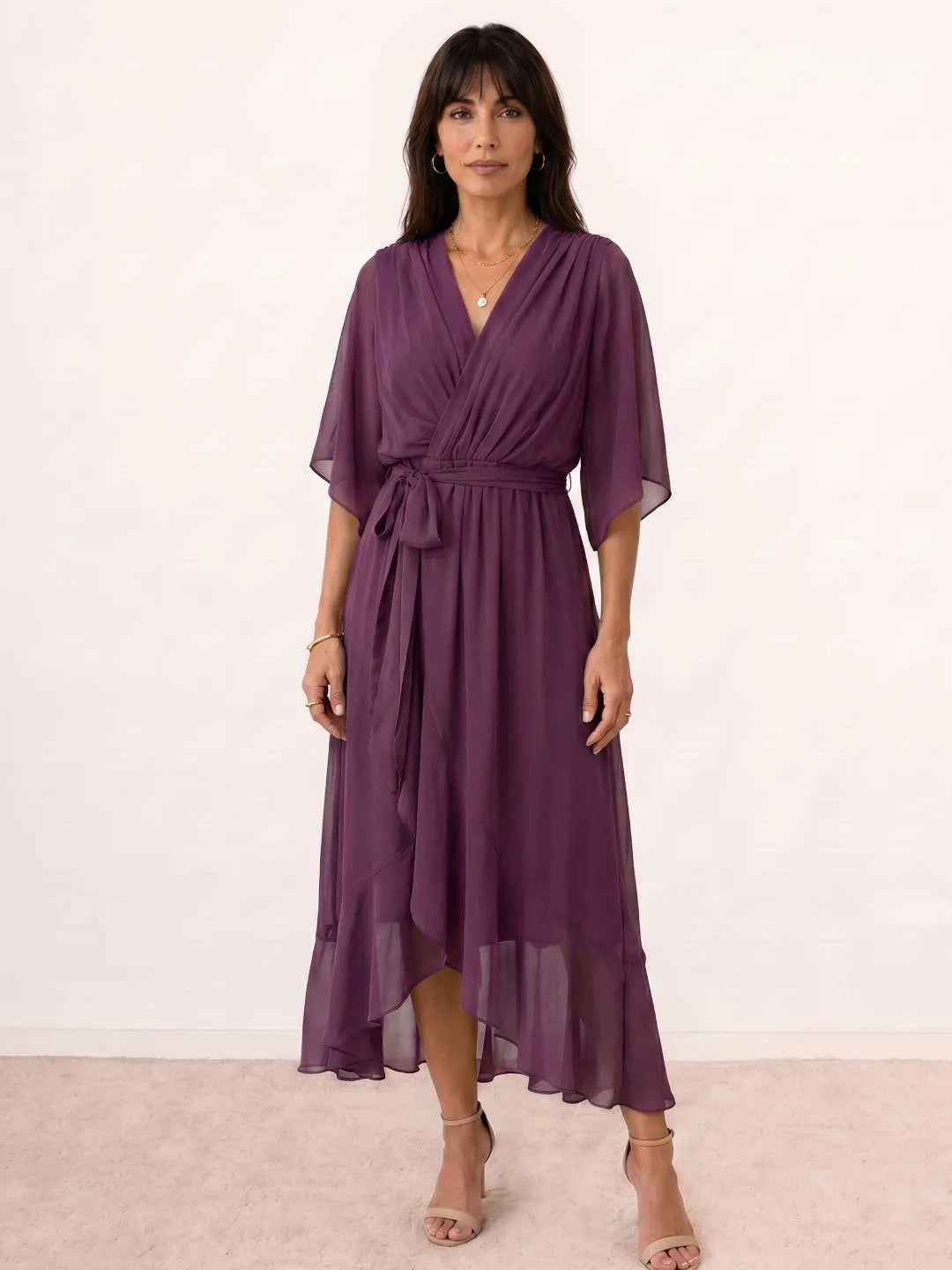 Vestido de Invitada de Boda Midi Fluido Elegante con Escote en V