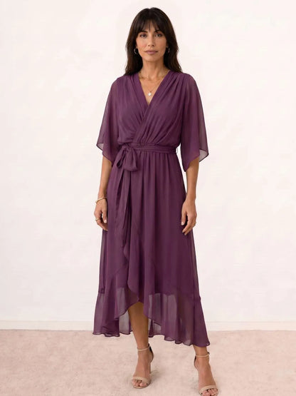 Vestido de Invitada de Boda Midi Fluido Elegante con Escote en V