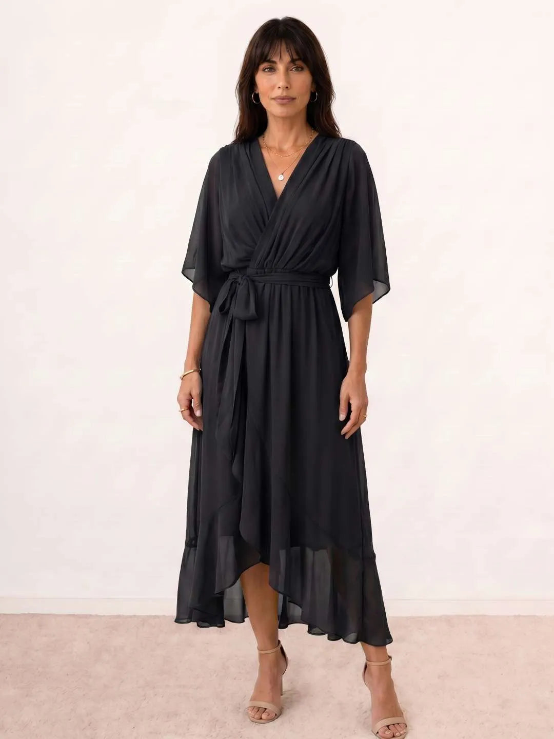 Vestido de Invitada de Boda Midi Fluido Elegante con Escote en V