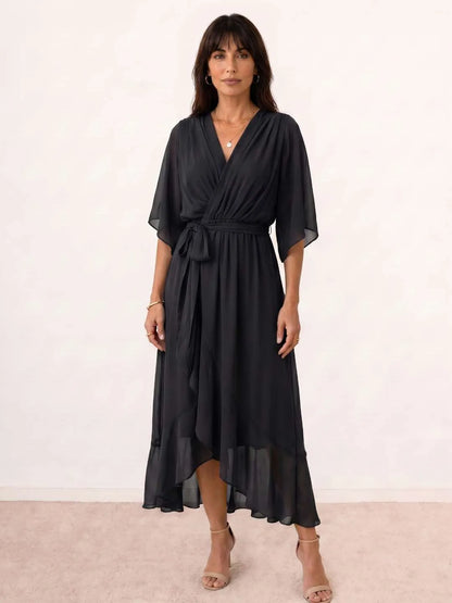 Vestido de Invitada de Boda Midi Fluido Elegante con Escote en V