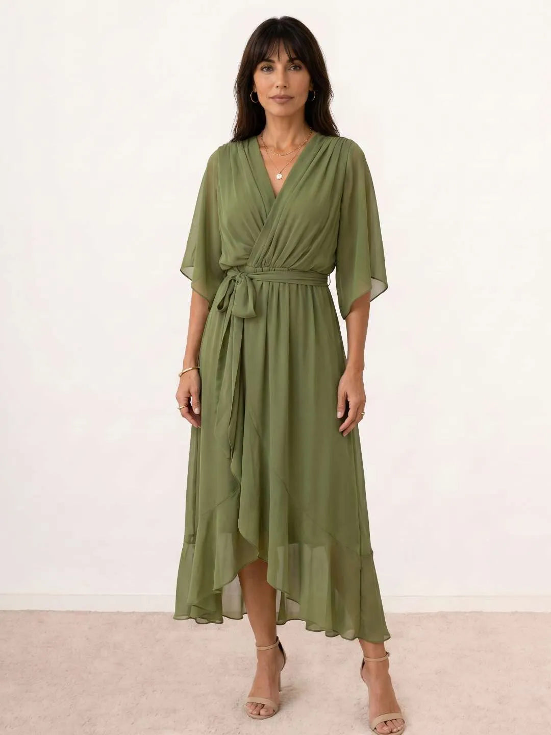 Vestido de Invitada de Boda Midi Fluido Elegante con Escote en V