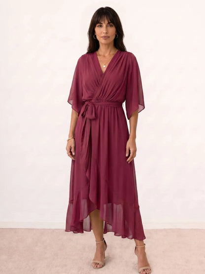 Vestido de Invitada de Boda Midi Fluido Elegante con Escote en V