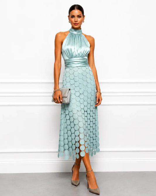 Vestido de Invitada de Boda Midi Formal Elegante con Cuello Halter