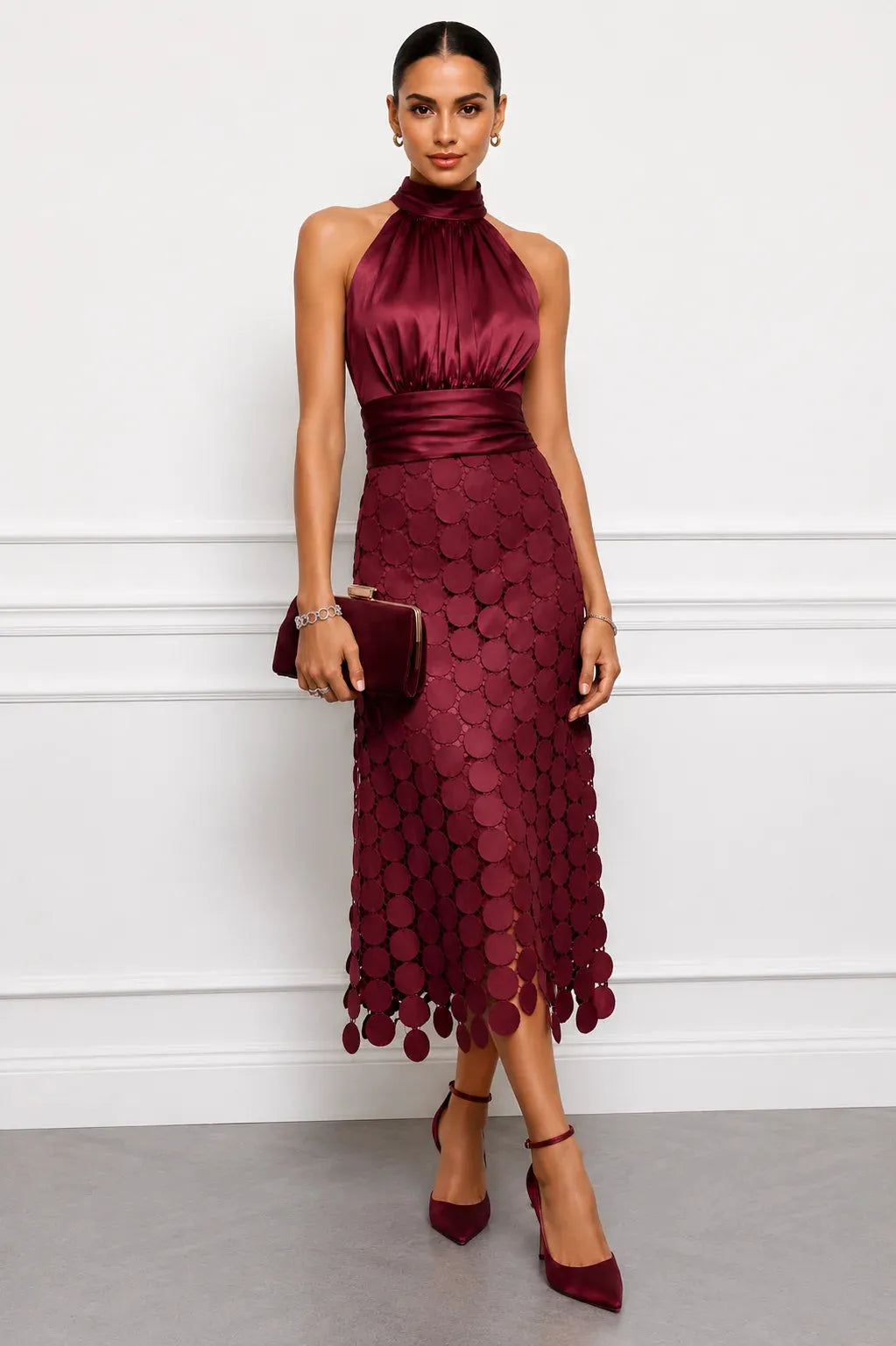 Vestido de Invitada de Boda Midi Formal Elegante con Cuello Halter