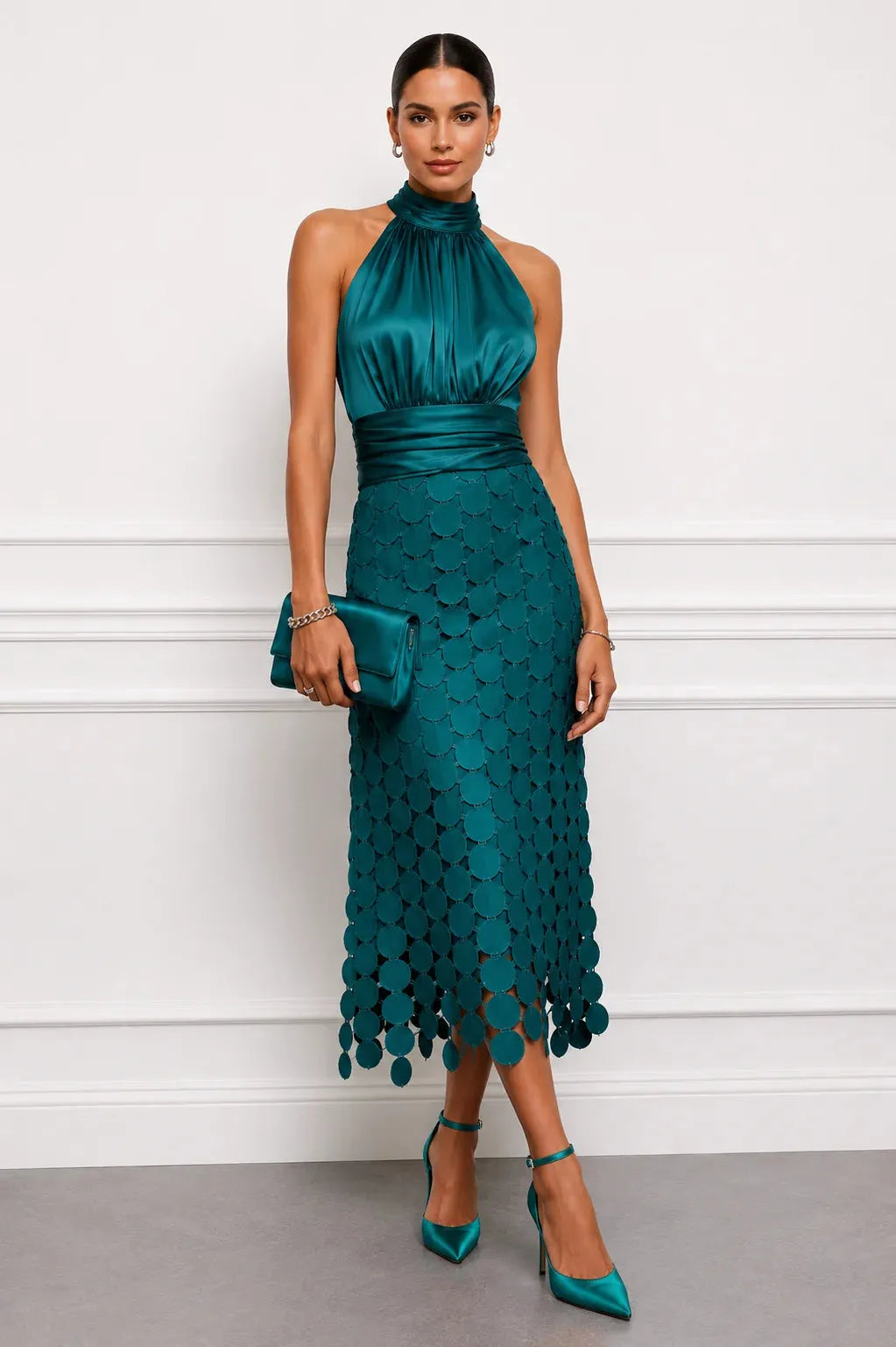 Vestido de Invitada de Boda Midi Formal Elegante con Cuello Halter