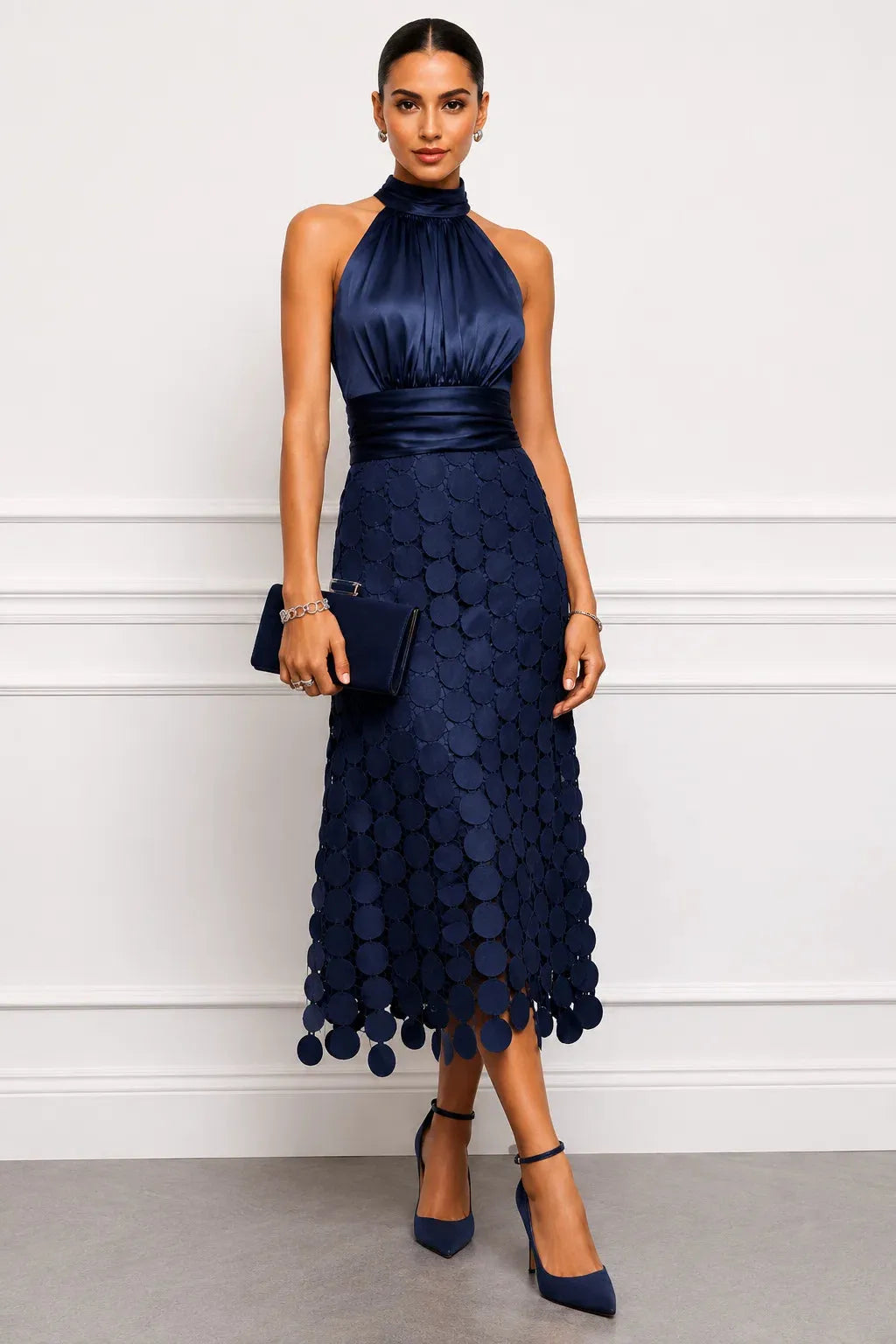 Vestido de Invitada de Boda Midi Formal Elegante con Cuello Halter