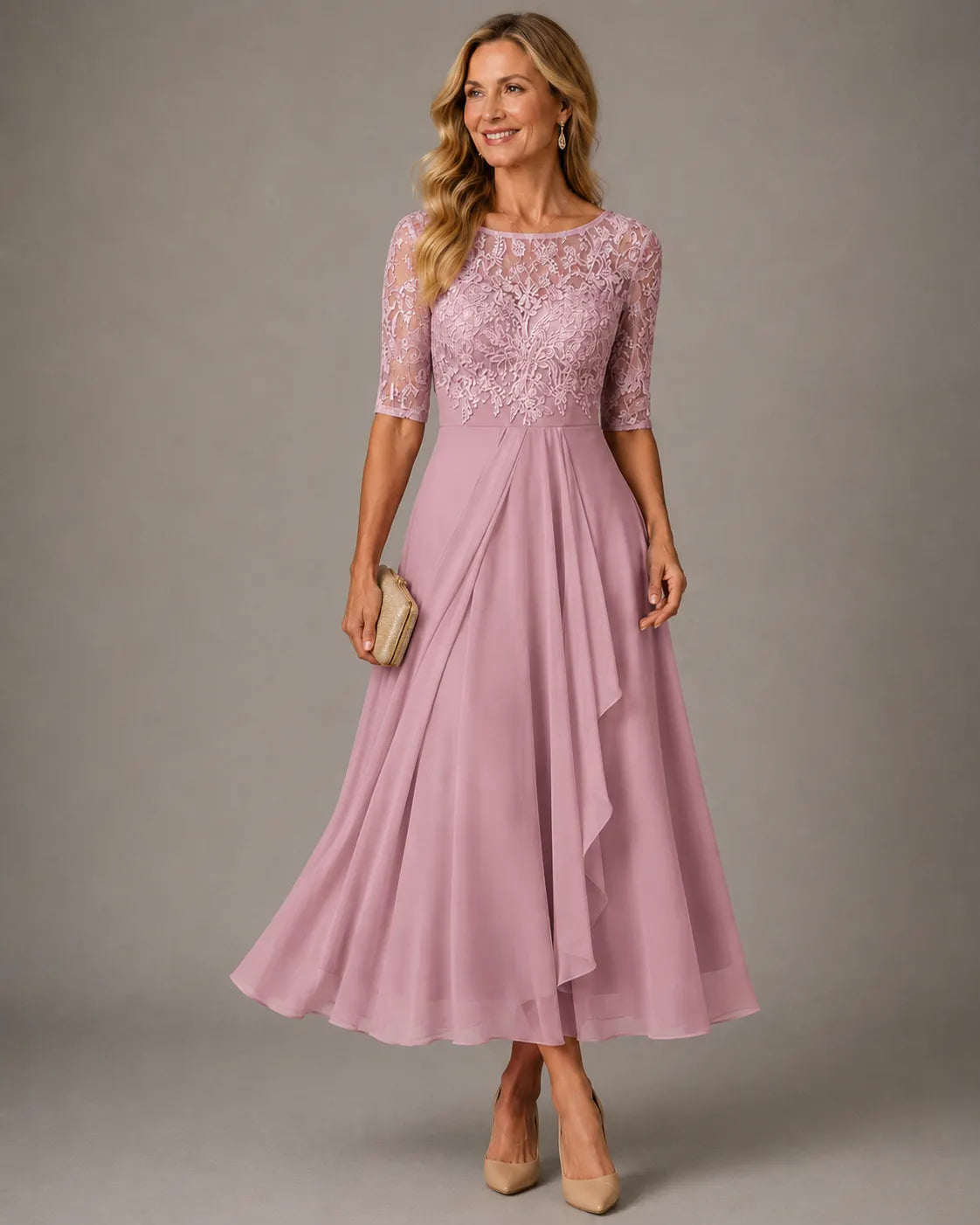 Vestido de Invitada de Boda Midi Formal Elegante con Plisado