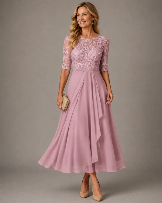 Vestido de Invitada de Boda Midi Formal Elegante con Plisado