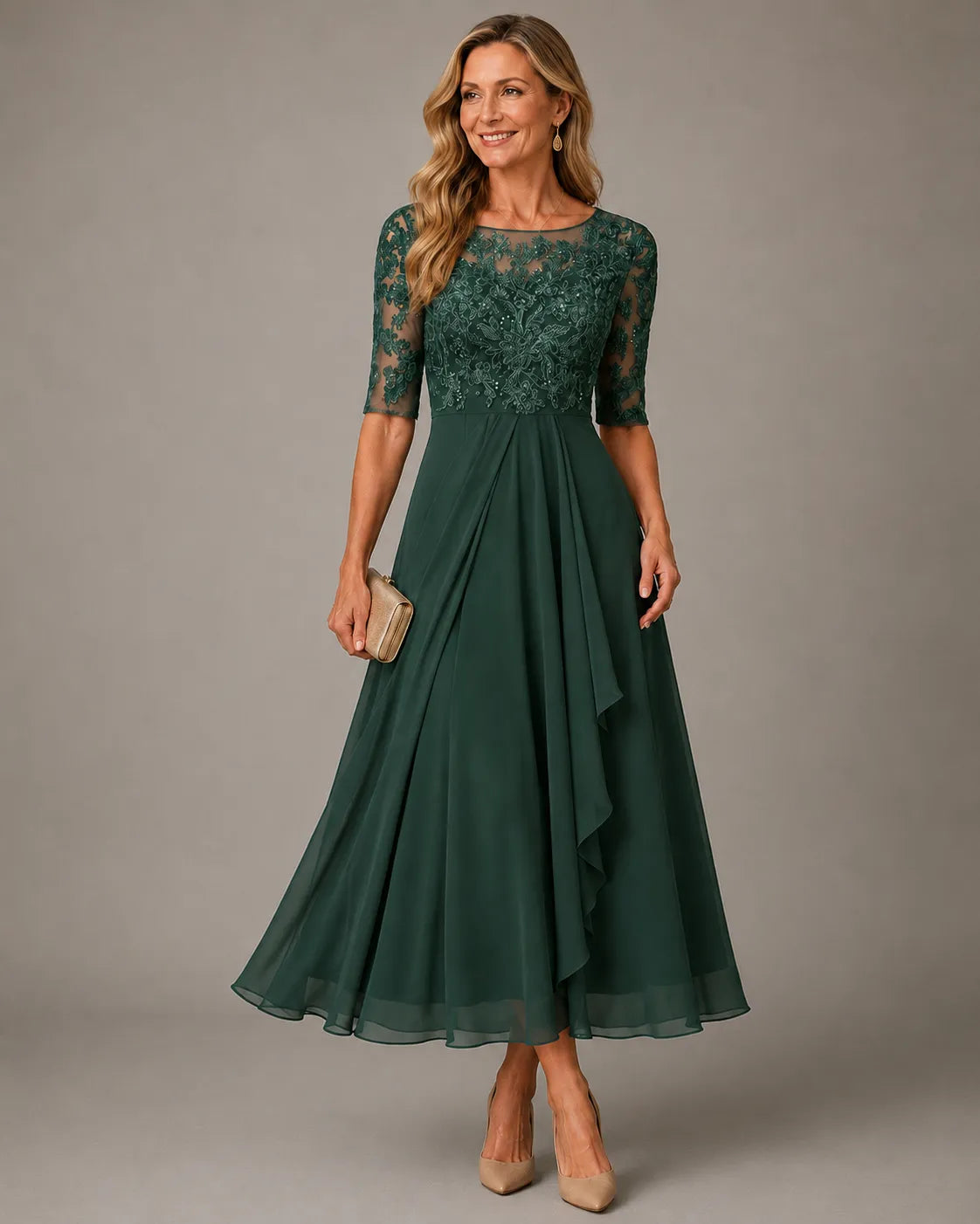 Vestido de Invitada de Boda Midi Formal Elegante con Plisado