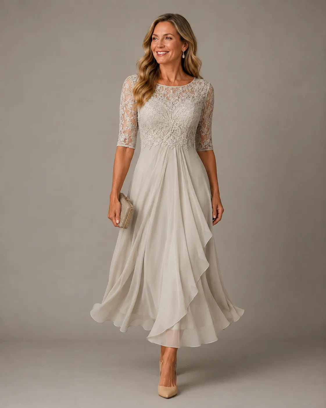 Vestido de Invitada de Boda Midi Formal Elegante con Plisado