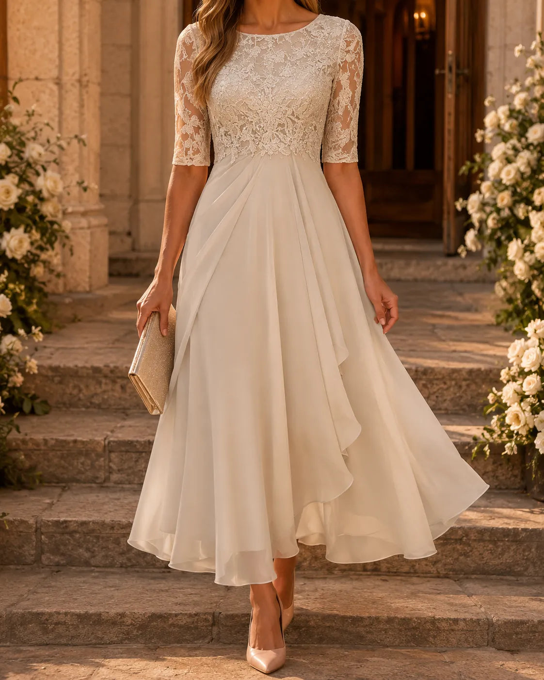 Vestido de Invitada de Boda Midi Formal Elegante con Plisado