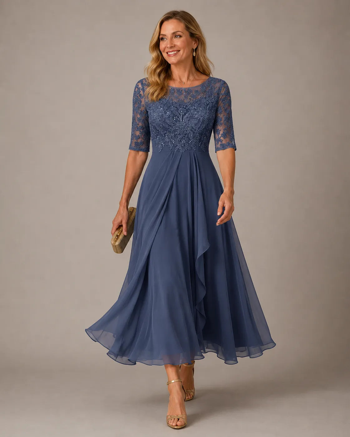 Vestido de Invitada de Boda Midi Formal Elegante con Plisado