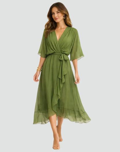 Vestido de Invitada de Boda Midi Formal Fluido con Volantes